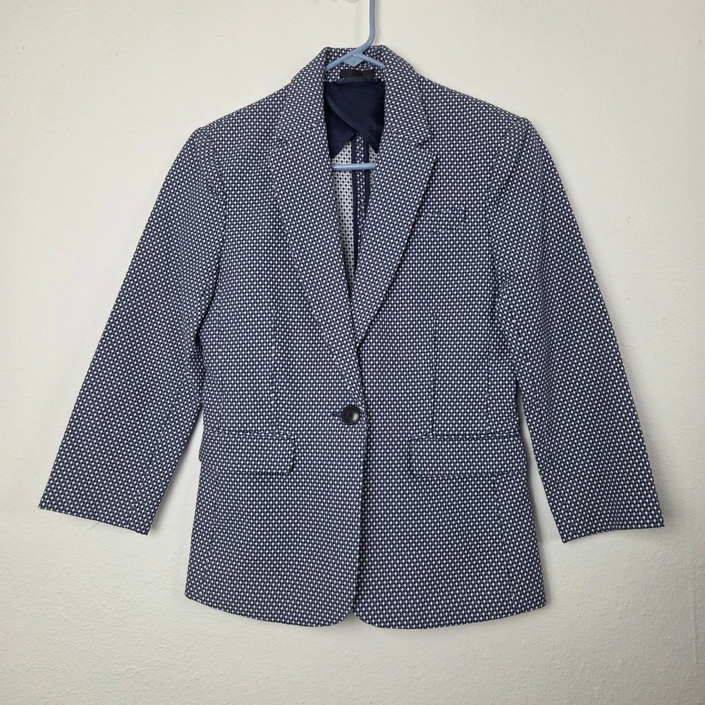 ATM Anthony Thomas Melillo Blazer Womens Navy Blue White Geometric Single Button